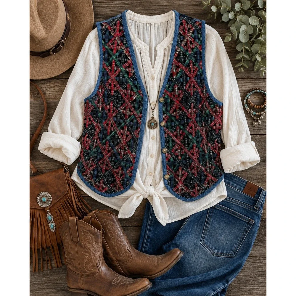 vintage Casey & Max Plaid Ribbon Lattice Denim Vest Large Cottagecore Western